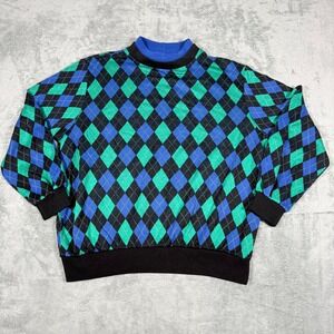 Vintage Cape Cod Mens Large Pullover Argyle Mock Neck Blue Green Black USA